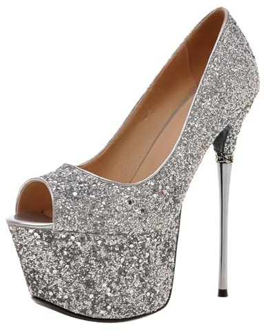 Décolleté a Spillo da Donna, Pompe al Tallone Alto Peep Toe Senza Chiusura Scarpe da Sera con Plateau Paillettes Moda Scarpe da Festa Ghbugl Argento Numero 36 EU