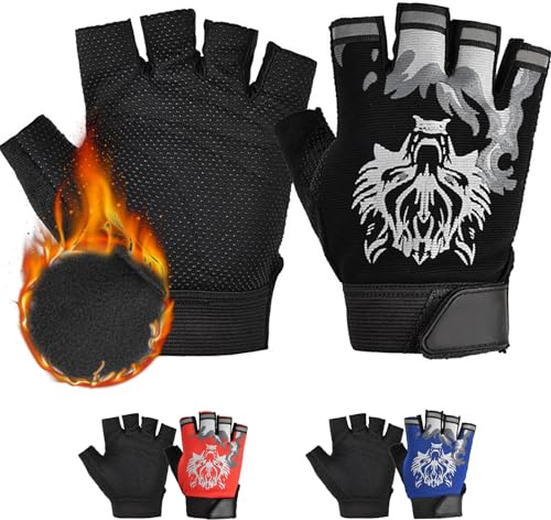 CubePlug Guanti Mezze Dita da Ciclismo per Bambini, Ragazzo e Ragazza, Imbottiti in Gel per Bici BMX Senza Dita [SPI (Black Wolf [Winter Ver, XL)