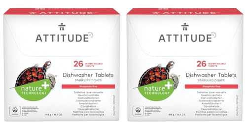 ATTITUDE Dishwasher Tablets, Water-Soluble, Anti-Limescale, Plant- and Mineral-Based Formula, Phosphate-free, Vegan, Unscented, 26 Count (Pack of 2)