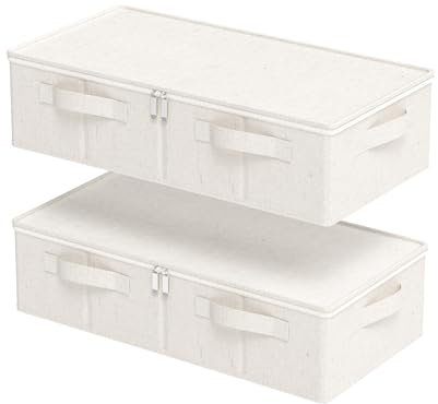 ENUMAIL Unterbett Aufbewahrungsbox, Faltbare Tasche für Bettlaken mit Deckel, Unterbettbox Organizer mit Reißverschluss, für Kissen Kleidung Decken Bettdecken, 60×30×15cm, Beige, 2 Stück