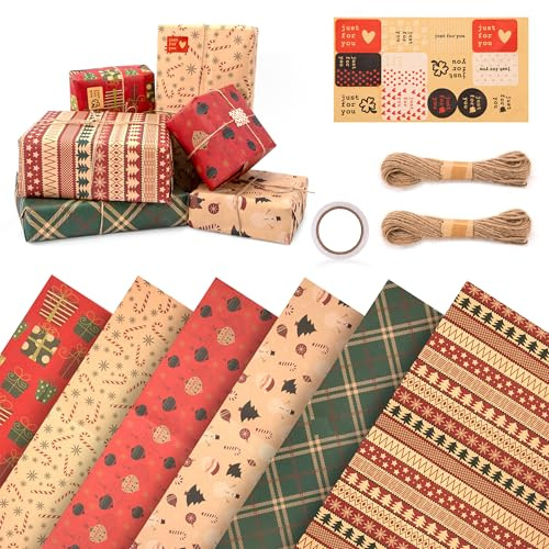 AYMQC Carta da Regalo Natalizia Set 6 Fogli Kraft Carta da Regalo Natale Riciclabile in 6 Modelli Unici di Elementi Natalizi per Regali di Natale 50x70 cm (Modello A)