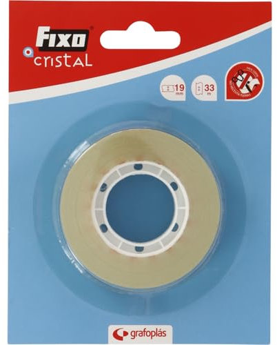 Grafoplás Fixo Cristal - Cinta Adhesiva Gran Transparencia 19mmx33m, Acabado Perfecto, Fácil Corte, No Necesita Tijeras, Perfecto Material de Papeleria para Escuela y Oficina