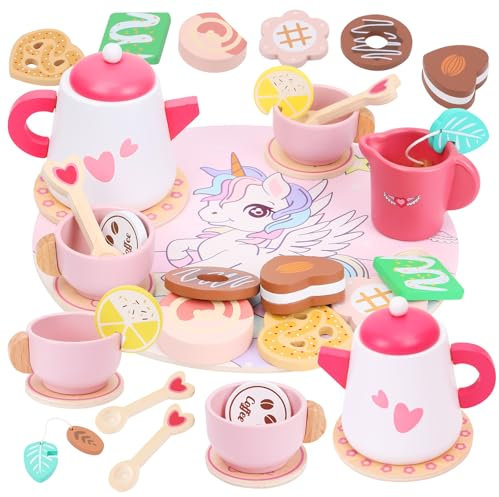 WIKITOT Wooden Tea Set for Toddlers, 21pcs Tea Party Set for Children, Birthday Gift Toys for 3+ Year Old Girls