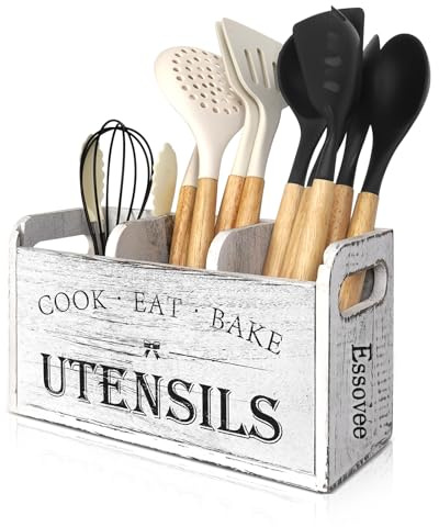 Essovee Farmhouse Kitchen Utensil Holder with 3 Compartments, Wooden Utensil Organizer for Countertop, Utensil Holder Rustic Cooking Utensil for Kitchen Decor (White)