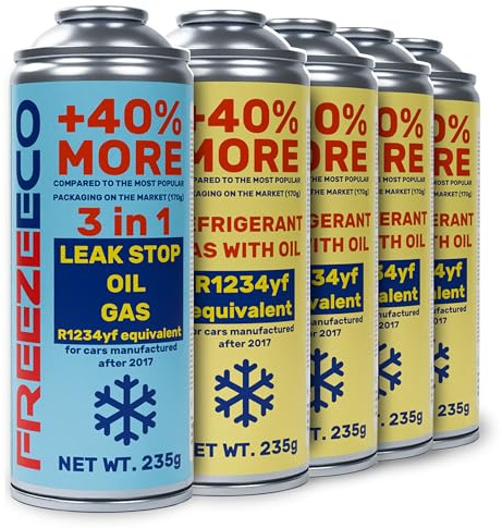 FREEZECO 3 en 1 + 4 x 2 en 1 – R1234yf – Reemplazo de refrigerante + 4 latas de repuesto de refrigerante con aceite de relleno de aire acondicionado para vehículos después de 2016, 235 g