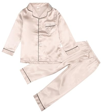 Pyjama Satin Fille Boutons Couleur Unie 2 Pièces Haut Top Pantalon Loungewear Élégant Tenue Mode Casual Doux Vêtements De Nuit, Vêtement De Loisirs pour Enfant (Beige-1, 13-14 Years)