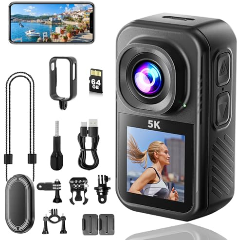 BAKENLON Action Cam 5K, Mini Action Cam con Tarjeta de 64GB, Videocámara Deportiva WiFi de 130°, Cámara Deportiva para Aventura, Cámara Deportiva para Ciclismo, Vlogging y Viajes