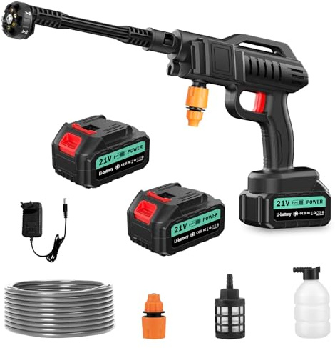 Viugreum Akku Hochdruckreiniger, 100Bar Hochdruckpistole Wasserpistole, Tragbarer Hochdruckreiniger Autowäsche mit 6-in-1-Multifunktions Düse, 2x 21V Batterien, 5m Schlauch für Auto, Terrasse, Fenster