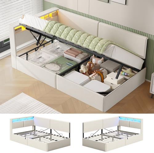AOGLLATI Canapé lit 90 x 200, Lit Coffre 90 x 200 avec LED et Ports USB, Lit Hydraulique avec Tête de Lit capitonné et Rangement, Lit Enfant avec Lattes en Bois, Lin Beige (sans Matelas)