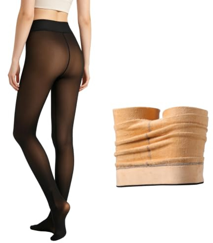 SCCGKP Fleece Lined Tights Women,Warm Sheer Pantyhose Fake Translucent Tights Thick Winter Thermal Leggings (UK, Alpha, S, Regular, Regular, Tan)