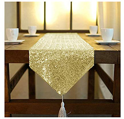 Shinybeauty Silver Sequin Table Runner Tassel 12 x 72 cm, Sequin Fabric Table Runner with Tassel for Party Wedding Banquet Table Linen Layout or Decor, Light Gold, 12 x 72 inches