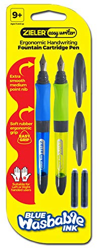 Zieler Ergonomic Handwriting Fountain Cartridge Pen (twin pack) Easywriter – Suitable for right & left handed use – Soft rubber ergonomic grip – Extra smooth medium point nib – 2 ink cartridges