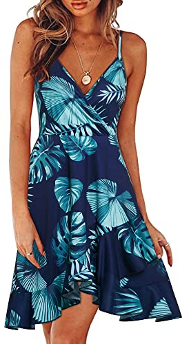 ULTRANICE Womens Summer Dresses Sundresses Casual Spring Trendy Flowy Wrap Midi Beach Wedding Guest Vacation Outfits Clothes V Neck Spaghetti Strap Dress(Blue Blue Green Floral,M)