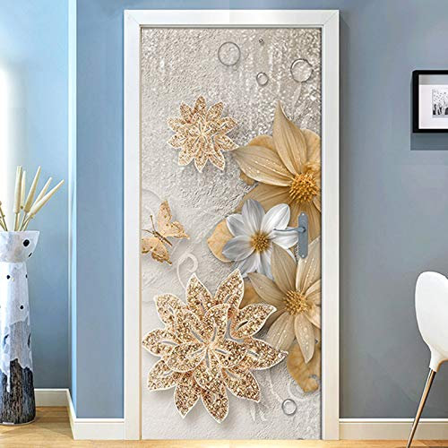 XWYDCF Adesivi per Porte 3D 90 * 210Cm Fiore d'oro Europeo Autoadesivo Carta Parati Porta Fotomurali Decorazione da Parete Poster Murale Rimovibile Soggiorno Camera da Letto