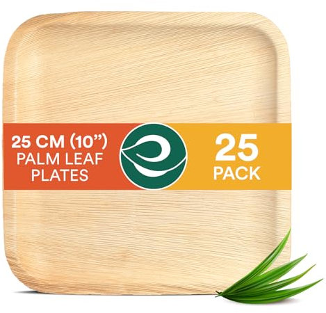ECO SOUL 25 Palm Leaf Plates 10”(25cm) Square Large Bamboo Plate I Eco Friendly, Biodegradable, Compostable Heavy-Duty Plate, Disposable Plates for Christmas Dinner, Party & Events
