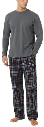 LAPASA Ensemble de Pyjama Homme Chaud & Confortable Haut Coton & Pantalon Coton Flanelle M79 Haut Gris Clair + Pantalon Bleu & Rouge, L