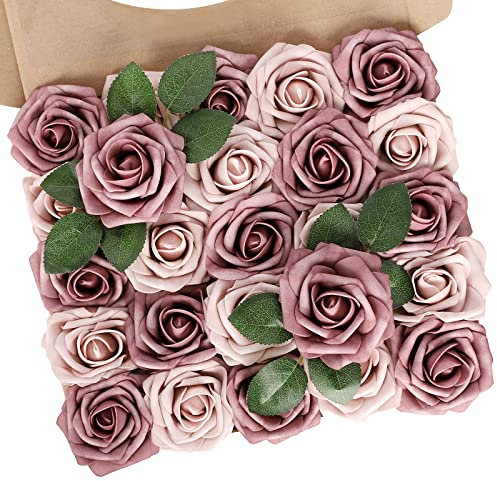 N&T NIETING Artificial Flowers Roses, 25Pcs Real Touch Fake Flowers for DIY Wedding Cake Bouquets Bridal Shower Centerpieces Floral Arrangements Party Tables Home Decorations (Warm Taupe & Nude)