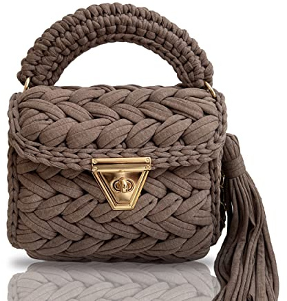 CHQEL - Pochette da sera da donna, fatta a mano all'uncinetto, borsa per festa di nozze, con piccola patta, a tracolla, Marrone