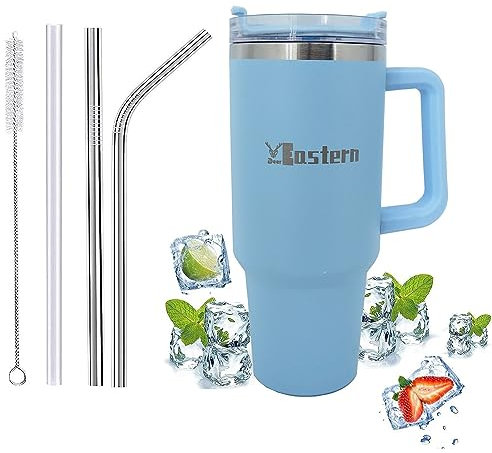 Deer Eastern Doppelwandiger Edelstahl Vakuum Isolierbecher 40oz 1200ml Tragbare Autobecher Becher Tumbler mit Griff und Strohhalm Kaffeebecher Autobecher Reisebecher Für Kalte Heiße Getränke, Blau