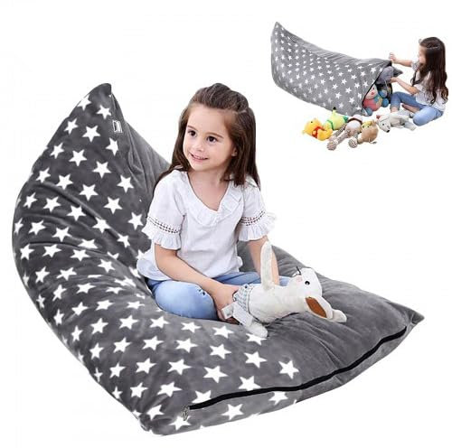 Fangehong 1 Pack Stuffed Animal Storage Bean Bag Chair Sofa Seat Cover, Large Stuffed Toys Organizer Bag with Zipper, Beanbag Holder Chairs without Filling Plush Toys for Kids and Adults (B)
