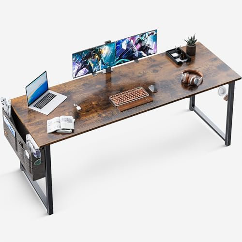 ODK Schreibtisch, 160x55x73,5cm Computertisch Bürotisch mit Kopfhörer Halter und Aufbewahrungstasche, Arbeitszimmer Holz PC Tisch Officetisch für Home, Office, Braun