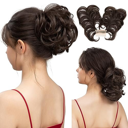 SARLA Messy Bun Hair Piece Side Comb Clip in Synthetic Hair Bun Hairpiece for Women Dark Brown Short Curly Wavy Versatile Adjustable Styles Easy Hair pieces