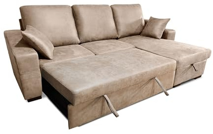 duehome | Sofá Cama 3 Plazas Reversible y con Almacenaje, Sofa con Chaiselong, Modelo Edna, Acabado en Tejido Color Cemento, Medidas: 248 cm (Largo) x 95 cm (Alto) x 82-153 cm (Fondo)