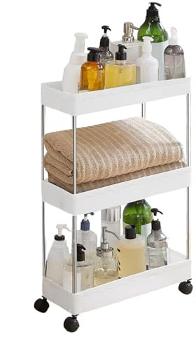 Chariot de Rangement, Étagère Roulante, Desserte à Roulettes, Facile à Déplacer, Crochets Amovibles, Divisible, Plastique pour le Rangement ou Cuisine. (3 niveaux / 61 x 40 x 12 cm)