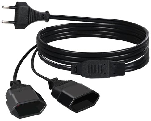 AXFEE rallonges d'alimentation, 2m 2 en 1 Câble d'extension de Prise d'extension EU, 0,75 mm² Max. 2.5A/250V Fiche Euro vers Prise Euro pour Ordinateur, TV, PC, Noir