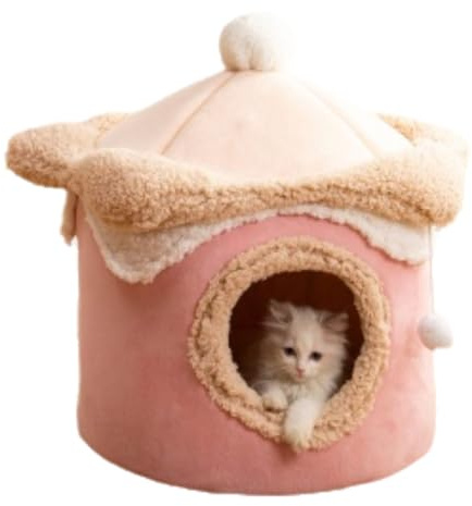 Kattsängar för inomhus, Kattgrotta Kattbädd Igloo, Katttält Hus med Avtagbar Kudde, Halv Omsluten Känsla av Säkerhet för Förbättrad Sömn och Avslappning (Rosa, L)