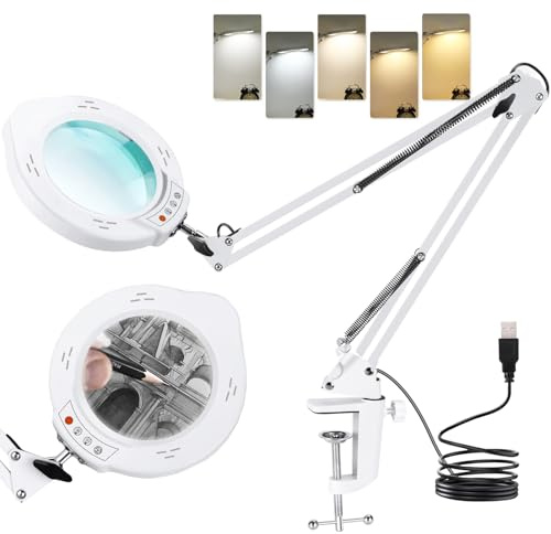 Kevsuvqin Lampada con Lente di Ingrandimento Professionale, 10x Lente di Ingrandimento con Luce, Lampada LEnte INgrandimento con Morsetto e Braccio Orientabile, 5 Modalità Colore, 10 di Luminosità
