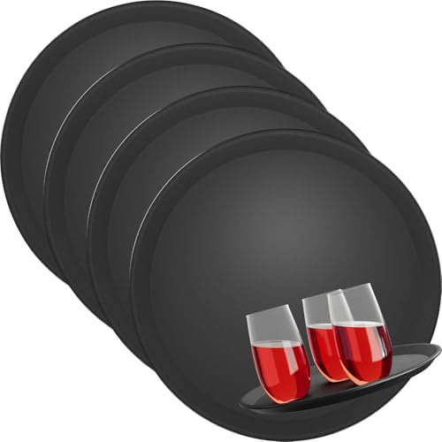 4X WELLGRO Kellnertablett Schwarz Ø 35 cm – Rutschfestes Serviertablett, Antirutsch, hoher Rand, Gastronomie, Restaurant, Bar, Catering, robust