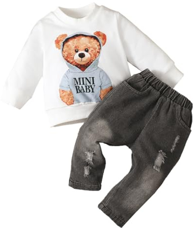 LUVCES Ropa de Pequeños Bebé Niño Manga Larga Estampado Sudadera Top+ Vaqueros de Mezclilla Rasgados Pantalones 2Pcs Conjunto Oso blanco 9-12 Meses
