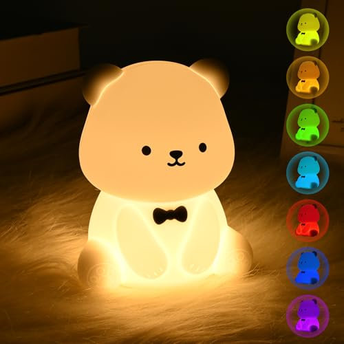Euakee Bär Nachtlicht Kinder, Silikon Führte Nachtlicht, 7 Farben Einstellbar, Touch Tragbar 1200mAh Akku Lampe&Timing Kinder Nachtlichts, Zimmer Deko Geschenk für Baby Mädchen Junge (Weiß)