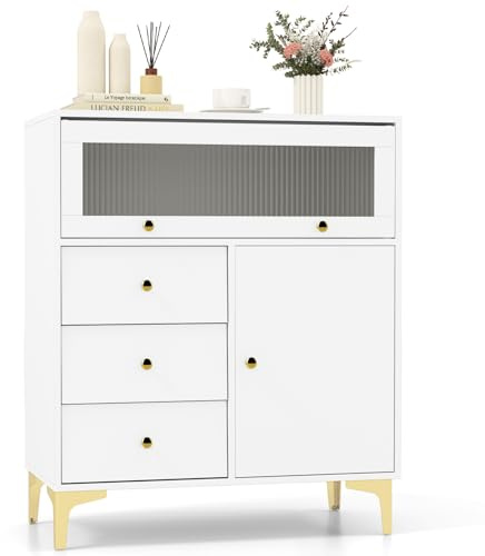 COSTWAY Armario de Cocina con 3 Cajones Extraíbles, Gabinete de Almacenaje con Puerta de Vidrio Acanalado Abatible y Estante Ajustable de 3 Niveles, Aparador para Cocina, Entrada, Gris