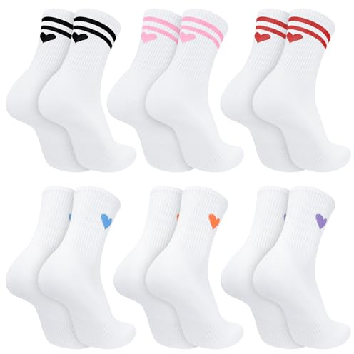 Zourglow 6 Pares Calcetines Deportivos para Mujer, Transpirables y Antitranspirantes Calcetines Altos Corazón EU36-42, Calcetines Algodón de Tenis para Deporte Correr Senderismo