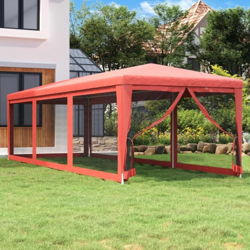 Mokuyary Partytält med 8 nätsidoväggar rött 3 x 9 m HDPE, paviljong trädgårdstält, festtält, trädgårdspaviljong för trädgård, fest, festival, bröllop