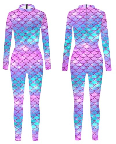 Celanisai Costume da Sirena Cosplay per Bambini con Stampa a Scaglie da Pesce Jumpsuit a Maniche Lunghe Tutina Intera Bodysuit Costume da Bagno Costume di Carnevale Tutina per Fitness Yoga