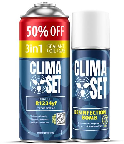 ClimaSet – 3-i-1 R-1234yf köldmedium, olja, tätningsmedel XL & luftkonditioneringsrengöringsmedel för bilar – Luftkonditionering Självpåfyllningsset – Påfyllningsset, Bilklimat Påfyllning – 235 g