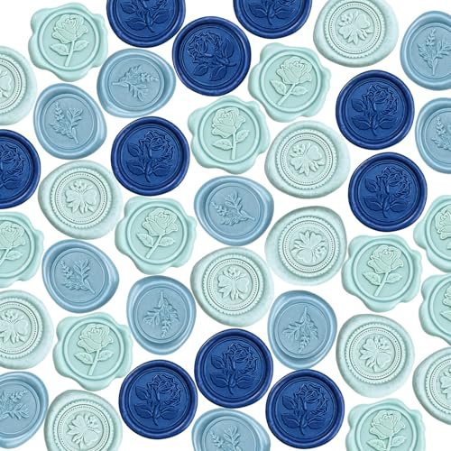 40 pegatinas de sello de cera, VEINARDYL con forma floral 3D, autoadhesivas, para invitación de boda, para álbumes de recortes, fiesta de Pascua, envoltura de regalos, color azul