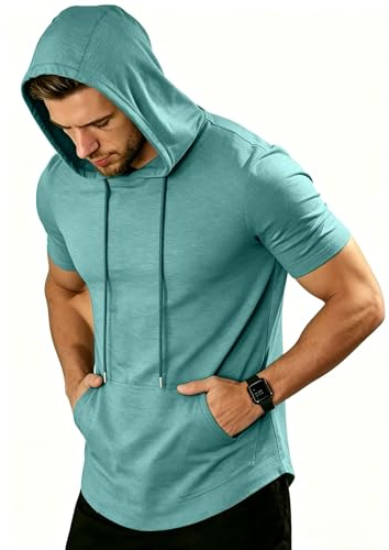 ZITY Men's Short Sleeve Hooded T‑Shirt Muscle Fit Workout Gym Pullover Top Lightweight Summer Athletic Shirts with Pocket for Running Hiking Blue Green XL