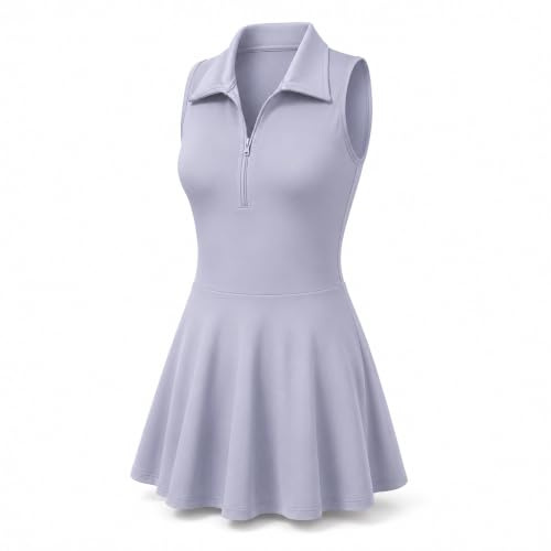 Yu & Me PARIS Womens Athletic Tennis Dress with Built-in Bra & Inner Shorts – Sleeveless Zip Front Sports Dress with Pockets – Quick Dry Workout Golf Activewear