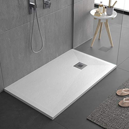 Plato de ducha blanco, de mineralmarmo, diseño moderno, recubierto de gelcoat 70 x 100