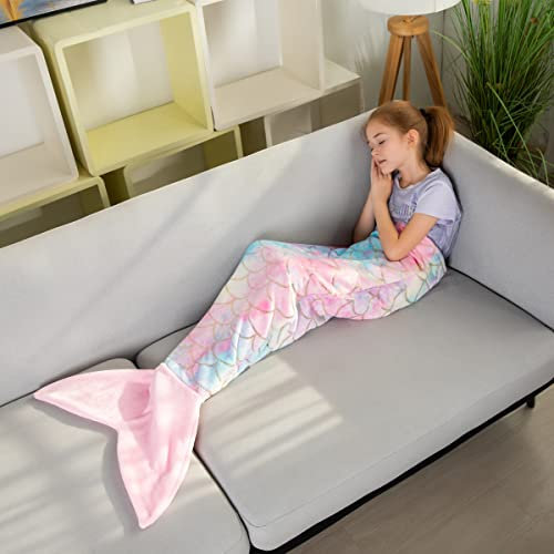 COSUSKET Mermaid Tail Blankets Glittering Wearable Cute Cozy Soft Flannel Rainbow Colorful Mermaid Tail Blanket for Kids 5~12 Year (Light Pink Colorful, Toddlers)