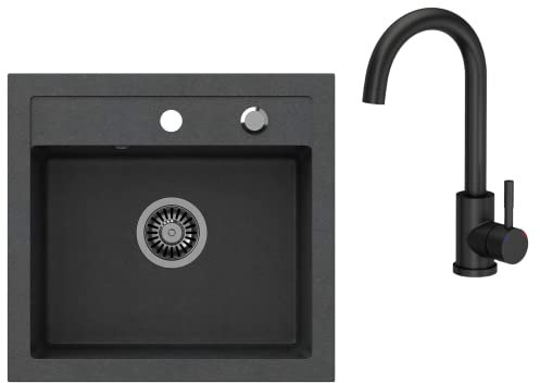 VBChome Spülbecken mit Armatur 50 x 47 cm Schwarz Granit Spüle Einzelbecken Küche Einbauspüle Verbundspüle Küchenspüle gesprenkelt Spülbecken Siphon Armatur