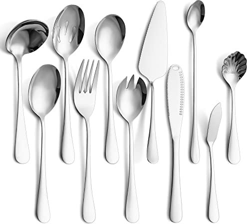 Serveringsbestick i 11 delar, serveringsredskap i rostfritt stål, inkluderar tårtservering, slitsad serveringssked, serveringssked, smörkniv (silver)