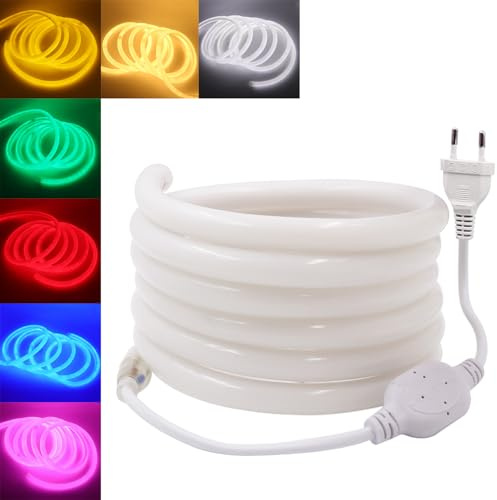 Wisada 220V LED Neon Tubo [5m, blanco cálido 3000K], SMD2835, cortable, IP67 resistente al agua, tira LED flexible de silicona, diseño DIY, iluminación decorativa para el hogar y tiendas