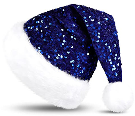 KONVINIT Weihnachtsmütze Erwachsene Nikolausmütze Weihnachtsmann Mütz mit Glänzende Pailletten und Plüsch Rand Santa Mütze für Festliche Weihnachtsfeier,Christbaumspitze,blau