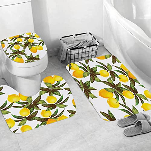 Badteppich 3 Stück Weiche saugfähige Badematten,Bunte Bar Zitrone Muster Handzeichnung Essen Trinken Restaurant Botanisches Café,Rutschfeste Badematte Teppiche & Toilettendeckelabdeckung Set Waschbar
