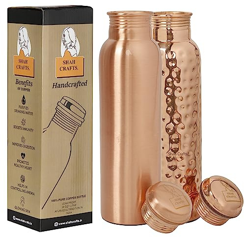 Shah Crafts. Lot de 2 bouteilles d'eau en cuivre pur et martelé, 1 000 ml, anti-fuite, récipient ayurvédique pour fitness, sport, yoga et voyage